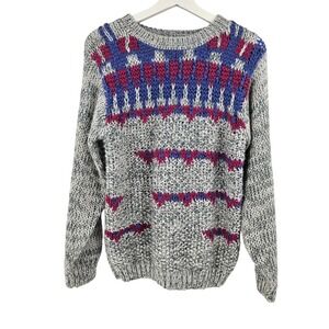 Vintage Naomi Bee Sweater Gray Pink Blue Fair Isle Chunky Knit Pullover Size S